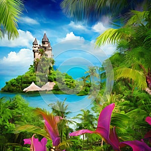 Tropical paradise colorful beautiful cartoon art distant castle dreamy island