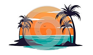 Tropical paradise emblem with palm trees and sunset vector illustration