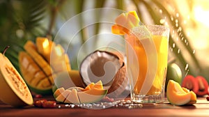 a tropical paradise in a glass, with mangoes, papayas, and coconuts creating a refreshing juice against a solid background