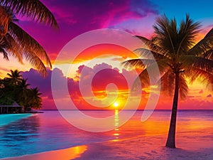 Tropical paradise island with palm trees at sunset, sunset in Maldives