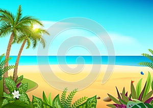 Tropical paradise island sandy beach, palm trees and sea photo