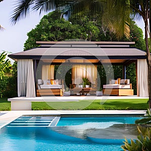 A tropical paradise outdoor lounge with a poolside cabana, lush greenery, and hanging hammocks2