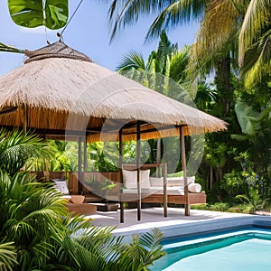 A tropical paradise outdoor lounge with a poolside cabana, lush greenery, and hanging hammocks4