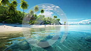 A tropical paradise with palm trees, crystal-clear waters, and a golden sandy beach, creating an