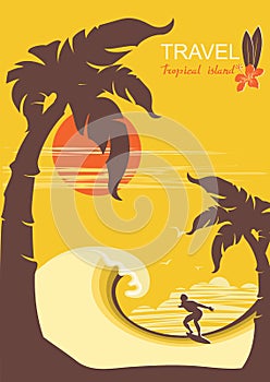 Tropical paradise with palms island and surfer
