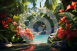 Tropical paradise scenes featuring lush greens and