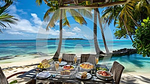 Tropical Paradise: A Serene Beachfront Dining Experience Amidst Palm Trees and Crystal Clear Waters