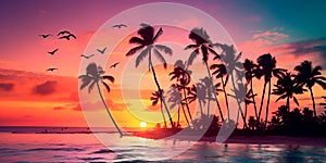 Tropical paradise showcasing palm trees swaying against a backdrop of vivid sunset hues and vibrant, exotic birds