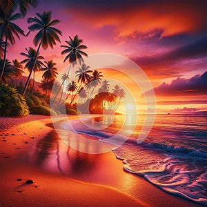Tropical Paradise Sunset: Beach and Palm Trees