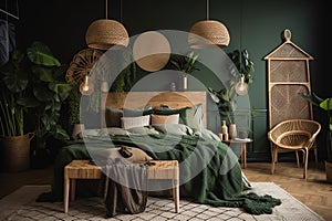 A tropical paradise-themed bedroom with a bamboo four-poster bed. Generative AI