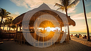 Tropical Paradise: Tiki Hut Oasis at Sunset photo