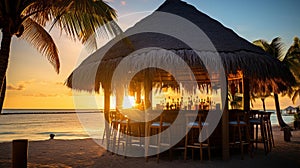 Tropical Paradise: Tiki Hut Oasis at Sunset photo