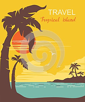 Tropical paradise.Vector palms island poster