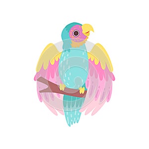 Tropical Parrot Bird with Iridescent Plumage Sitting on Perch Vector Illustration