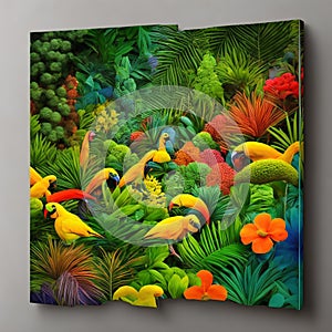 tropical  with parrots and flowers in bright colors