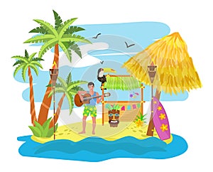 Tropical party, vacation at hawaii, vector illustration, summer travel at exotic hawaiian beach design, men character