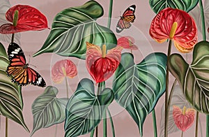 Tropical pattern background of anthurium flowers, red flower with leaves, plants with butterflies on pink background