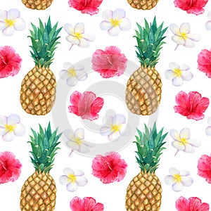 Tropical pattern with beautiful pink red flowers hibiscus and white frangipani or plumeria and pineapple. Seamless