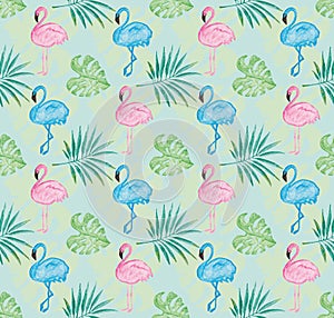 Tropical pattern with blue background and watercolor painted pink flamingo and leaves