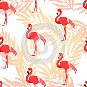 Tropical pattern with flamingo and palm branches. Ornament for textile and wrapping. Vector