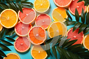 Tropical pattern of grapefruit and orange slices on a blue background