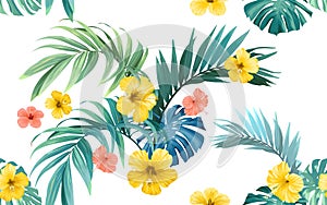 Tropical pattern with green monstera leaves and hibiscus flowers. Summer vector background or textile illustration.