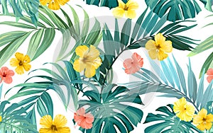 Tropical pattern with green monstera leaves and hibiscus flowers. Summer vector background or textile illustration.