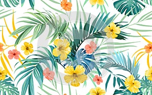 Tropical pattern with green monstera leaves and hibiscus flowers. Summer vector background or textile illustration.