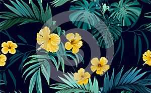 Tropical pattern with green monstera leaves and hibiscus flowers. Summer vector background or textile illustration.