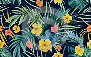 Tropical pattern with green monstera leaves and hibiscus flowers. Summer vector background or textile illustration.