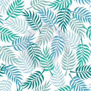 Tropical pattern with green palm tree leaves on white background. Great for wallpaper, backgrounds, invitations, packaging, design