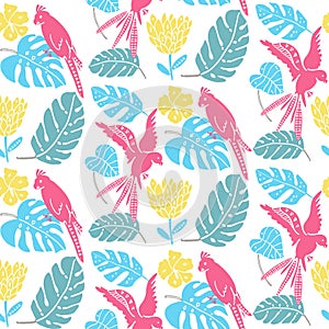 Tropical pattern with hand drawn leaves, exotic flowers and parrots. Hawaiian seamless texture, bright fabric design