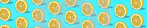 Tropical pattern of lemon citrus wheel on green mint color background.