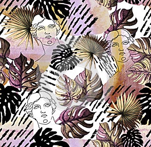 Tropical pattern in modern style with a linear portrait of the face of Greek statue photo