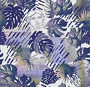 Tropical pattern in modern style with a linear portrait of the face of Greek statue photo