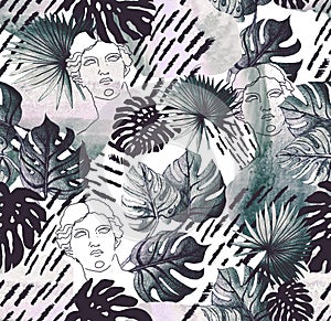 Tropical pattern in modern style with a linear portrait of the face of Greek statue photo