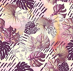 Tropical pattern in modern style with a linear portrait of the face of Greek statue photo