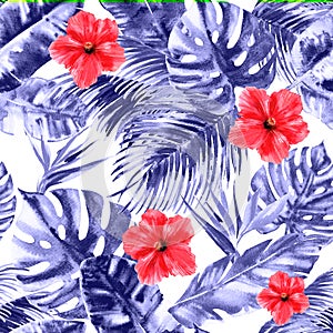 Tropical pattern with monstera leaf, palm leaves, bird of paradise, hibiscus flower, summer colorful seamless pattern