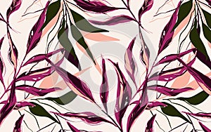 Tropical  pattern with palm tree in red pink colors. Vector  banana leaves illustration, drawn with contour lines against pink