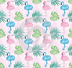 Tropical pattern with pink background and watercolor painted flamingo and leaves