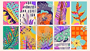 Tropical pattern vector background set. Exotic card illustration with abstract texture, leaves, flowers in flat trendy