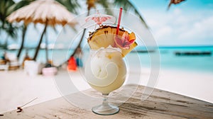 A tropical pina colada drink with straw umbrella on counter top of beach bar. AI generative image.