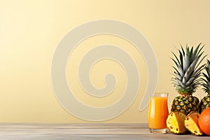 Tropical pineapple juice with ripe fruit on yellow background. Copy space