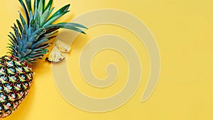 Tropical pineapple and palm on yellow background.