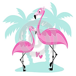 Tropical pink flamingo and palm trees floral seamless white background.