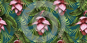 Tropical pink flowers and green tropical leaves background. Hand drawing 3d illustration. Dark tropical leaves wallpaper.