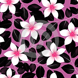 Tropical pink hibiscus flowers with black leaves seamless patter