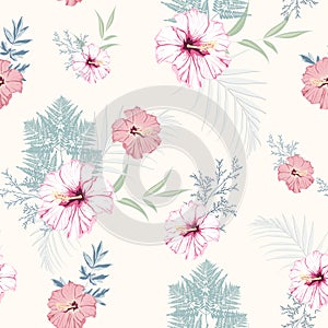 Tropical pink hibiscus flowers with blue herbs seamless pattern. Watercolor style floral background