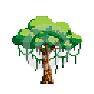 Tropical pixel tree with tropical vines. Pixel art. Gaming assets. 8-bit style. Vector isolated background