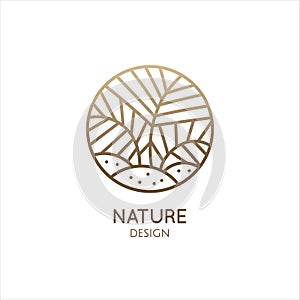 Tropical plant logo. Abstract outline round emblem of leaves, palm leaf. Linear style. Vector abstract badge for design